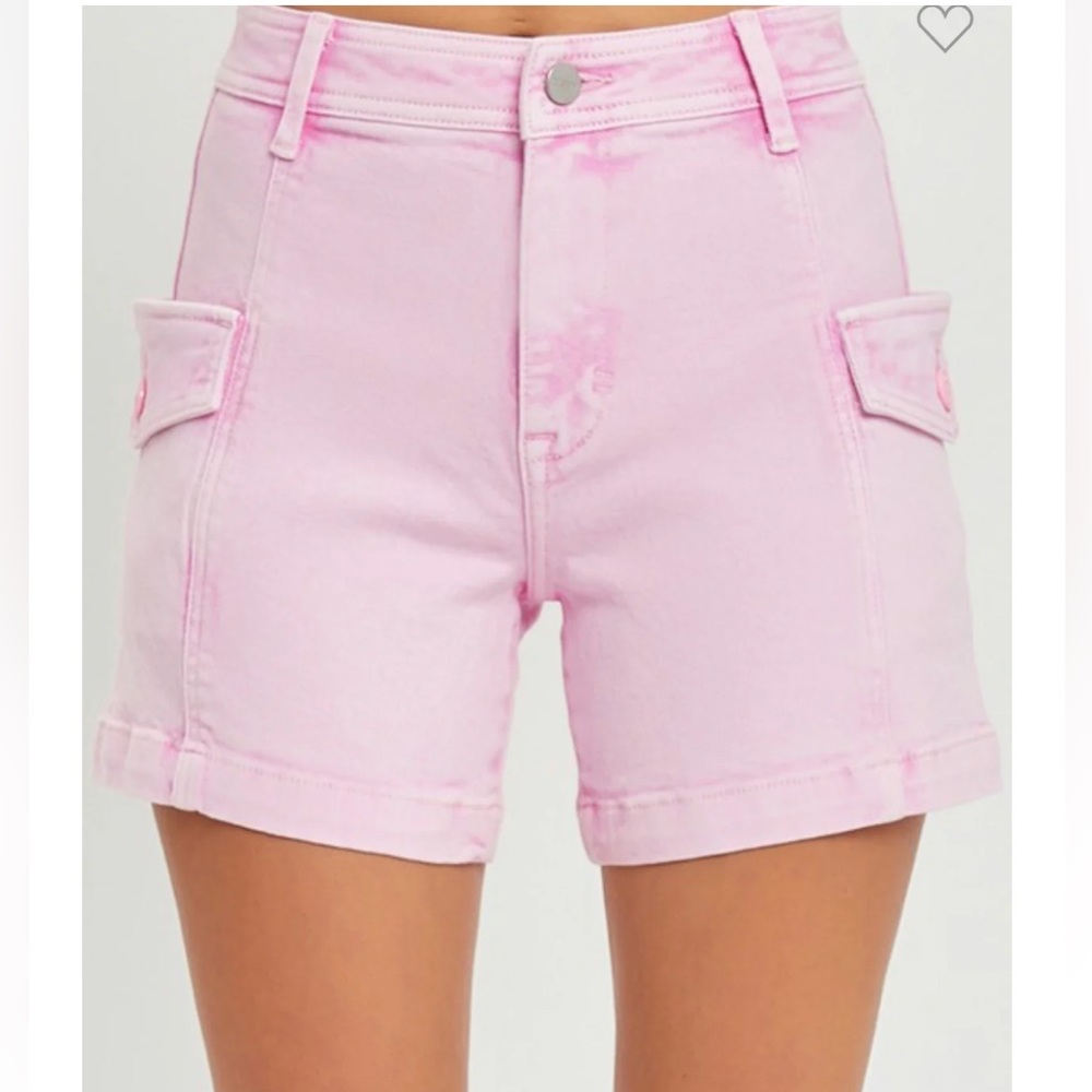 RISEN JEANS Cotton‎ Pink Acid Wash High Waist Cargo Shorts